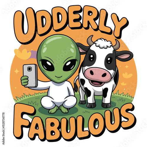 Udderly fabulous alien and cow selfie illustration isolated on transparent background