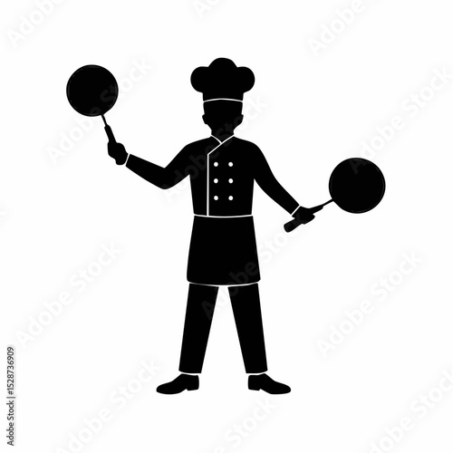 Silhouette of a chef holding two frying pans, flat design, on a white background.