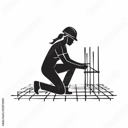 Silhouette of a female construction worker kneeling and tying rebar on a building site