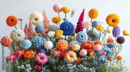 Vivid whimsical crochet flowers and wildflower blossoms bloom in a garden art arrangement craft with a soft background