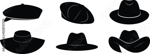 Black silhouette set of various stylish hats, classic fashion headwear icons, vintage cap, cowboy and fedora, vector illustration.
