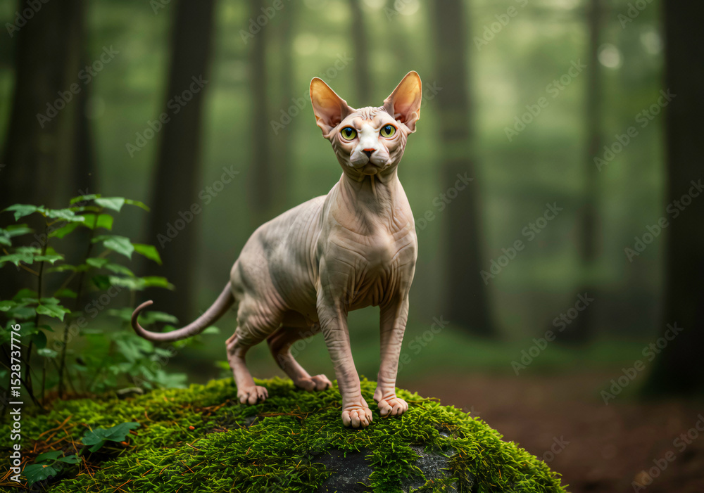Fototapeta premium Sphynx cat standing alert on a mossy rock in a dense forest