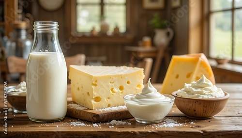 Assortment of Fresh Dairy Products Including Milk, Cheese, and Cream on a Rustic Wooden Table - Healthy Farm Food