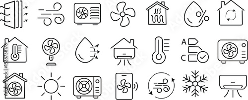 Air conditioner editable stroke outline icons set isolated on white background flat vector illustration. Pixel perfect. 64 x 64