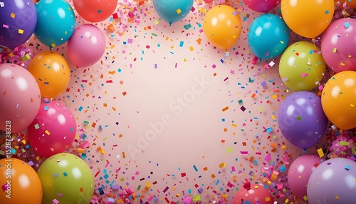 Vibrant Assortment of Colorful Balloons and Scattered Confetti Forming a Festive Border on a Light Pink Background - Party Celebration Design