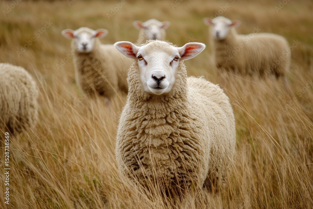 Obraz premium Sheep grazing peacefully in a lush Australian pasture during golden hour, Australia agriculture landscape Sheep pasture on grassland