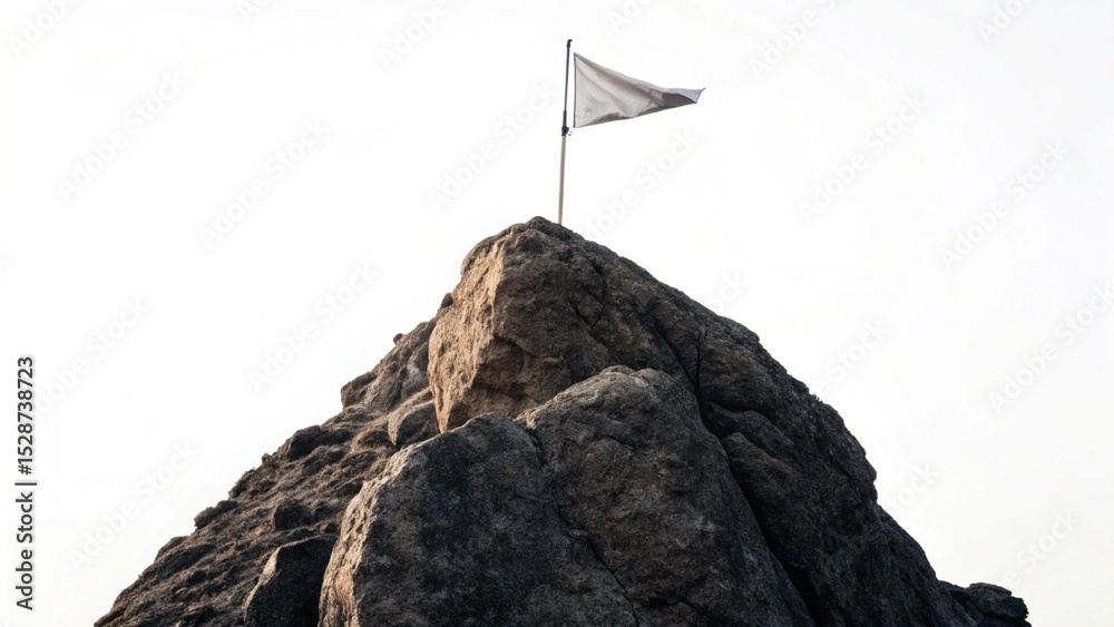 Fototapeta premium Close up flag standing on rock peak symbol of achievement success ambition goal with white background