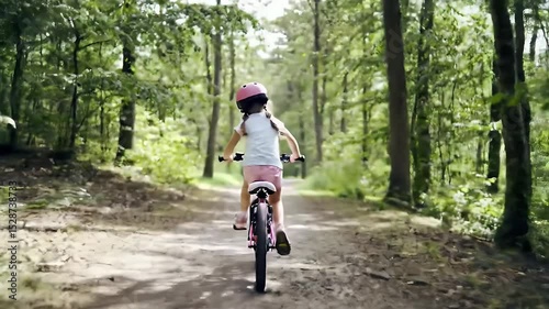 Wallpaper Mural Little Girl's Joyful Bike Ride Through a Lush Forest Path An Adventure into Nature's Embrace Torontodigital.ca