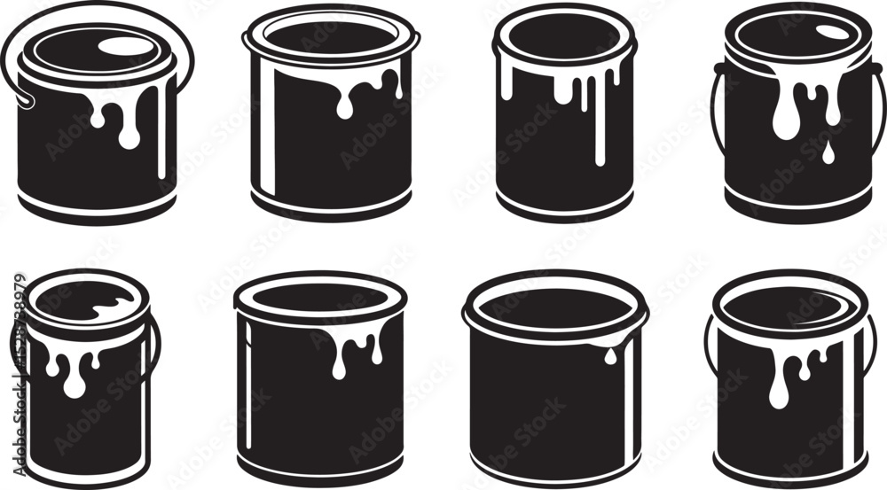 set of paint can silhouette, black and white silhouette, vector and illustration