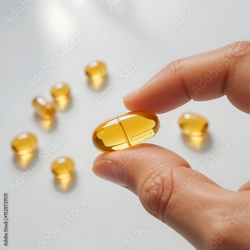 Hand Holding a Yellow Omega-3 Fish Oil or Vitamin D Softgel Capsule - Health, Nutrition, and Supplementation Concept