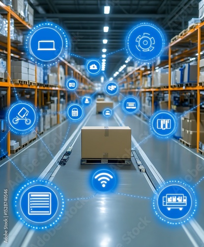 A modern warehouse showing networked digital systems for logistics management