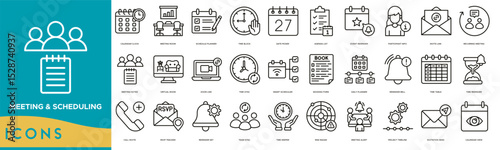 Meeting and Scheduling icon set. Calendar Clock, Meeting Room, Schedule Planner, Time Block, Date Picker, Agenda List, Event Reminder and Participant Info