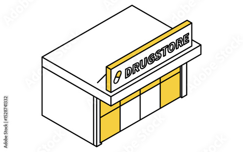 Isometric line art illustration of a simple drugstore building with signage and entrance, pharmacy architecture from a street view