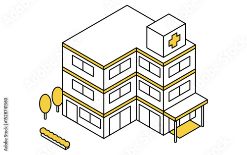 Isometric line art illustration of a simple hospital building with entrance, signage, and medical facility architecture in cityscape