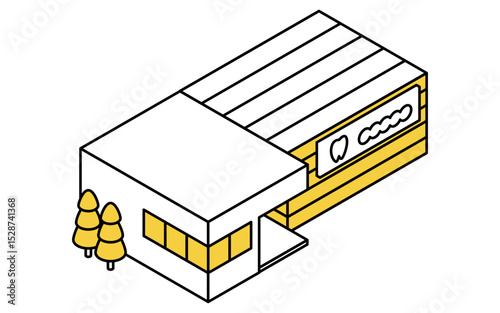 Isometric line art illustration of a simple dental clinic building with signage and entrance, isometric view of a dentist office in the city