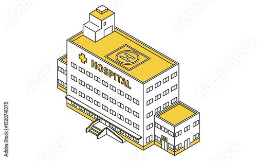 Simple line drawing isometric illustration of an emergency hospital with doctor helipad