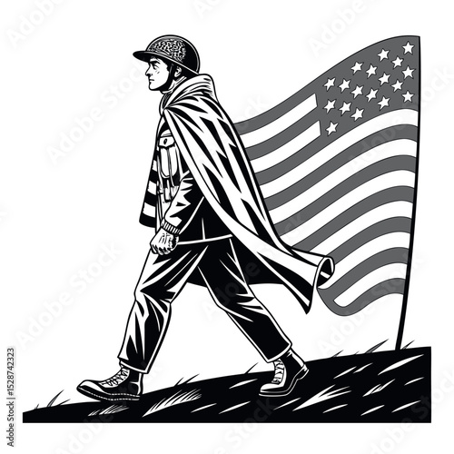 Marching worker holding American flag, vector black and white illustration symbolizing labor movement, national pride, and unity for Labor Day and patriotic events.