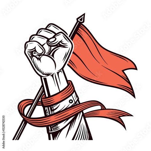 Raised fist with red ribbon illustration symbolizing American strength, patriotism, and unity tribute vector
