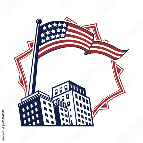 Patriot Day tribute banner with waving American flag and city skyline honoring 9/11 heroes illustration vector