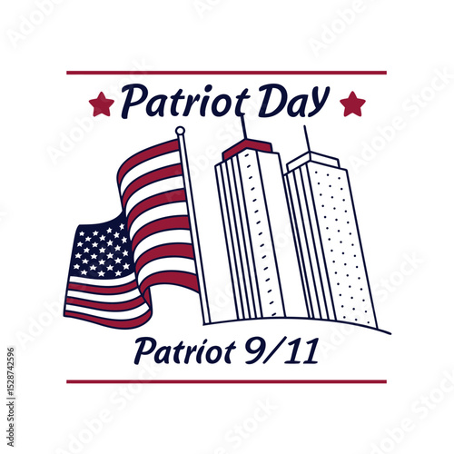 Patriot Day and 9/11 remembrance vector with American flags and twin towers memorial illustration