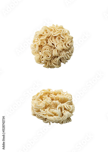 Raw curly noodles with multi-angle views, featuring a smooth texture and distinctive spiral shape on a transparent background. Suitable for culinary design and food ingredient illustrations.