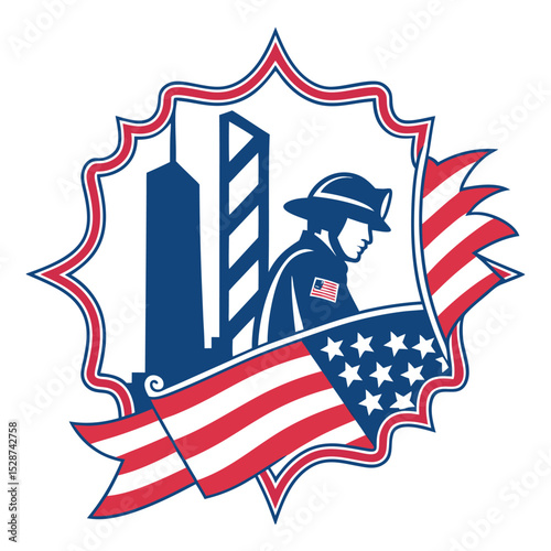 Patriot Day memorial badge vector with twin towers, firefighter, and American flag for 9/11 remembrance tribute illustration