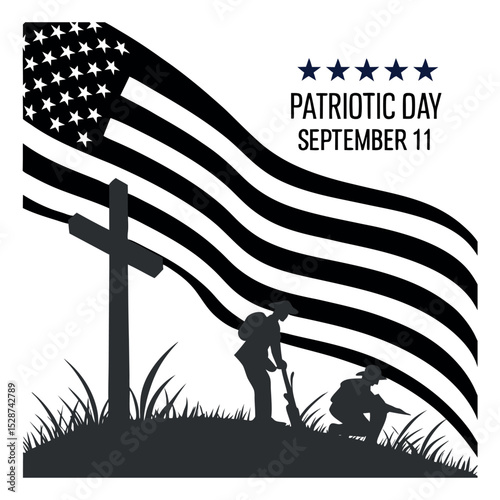 Emotional 9/11 remembrance vector with American flag and family silhouette in front of memorial. A tribute to resilience, patriotism, and unity on Patriot Day.