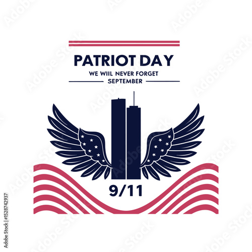 Winged memorial 9/11 vector with twin towers and patriotic message. Perfect for Patriot Day tribute, remembrance graphics, and unity-themed American art.