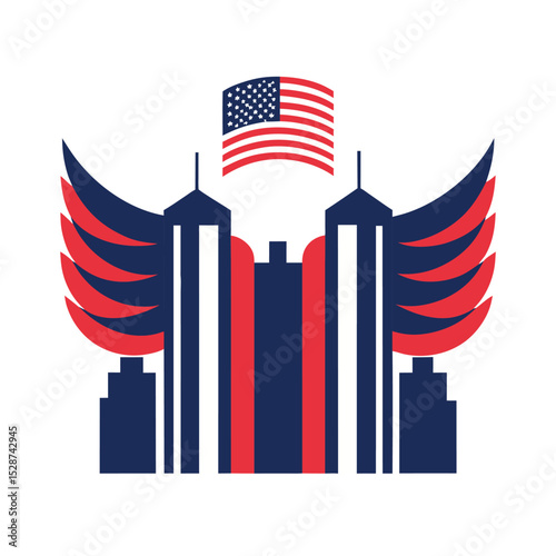 Patriot Day illustration with twin towers and American flag wings. Symbolic tribute to 9/11 victims and heroes, celebrating national resilience and strength.