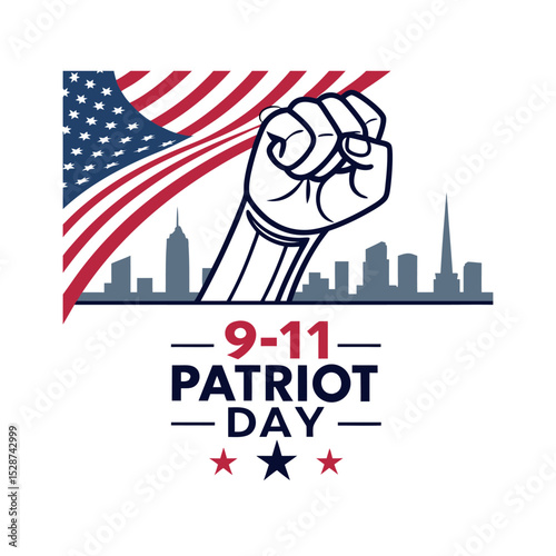 9/11 tribute vector featuring waving USA flag, raised fist, and urban skyline. Ideal for Patriot Day designs honoring national unity and remembrance.