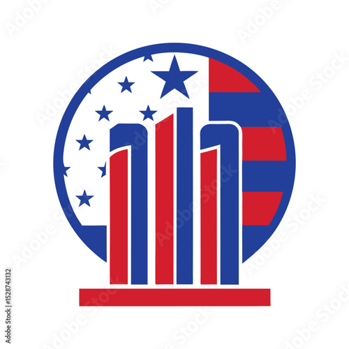 9/11 Patriot Day illustration featuring twin towers in a circular emblem with American flag stripes and stars. Ideal for remembrance, tribute, and patriotic memorial designs.