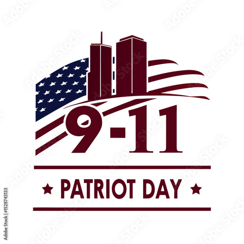 September 11 Patriot Day tribute vector with city skyline, flag, and bold remembrance message. Perfect for honoring the victims and heroes of the 9/11 tragedy.