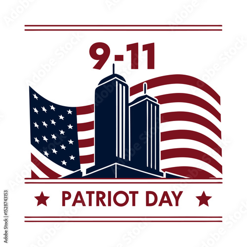 9/11 Patriot Day vector with bald twin towers, and USA flag design. Perfect tribute art for remembrance, freedom, and American patriotism.