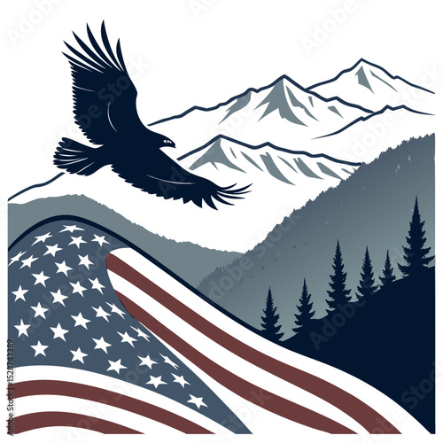 Bald eagle flying over mountains with American flag draped background. Great for patriotic USA designs, freedom themes, and national holiday celebration graphics.