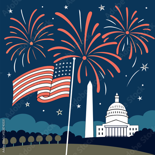 Nighttime USA Capitol scene with fireworks and American flag. Ideal vector for patriotic celebration graphics, 4th of July, or national holidays in the United States.
