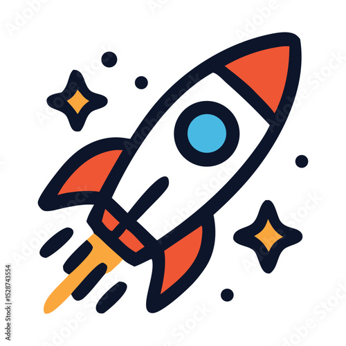 rocket launch space themed cartoon icons featuring an alien, rocket, and planet suitable for use in childrens educational materials and sciencerelated content.