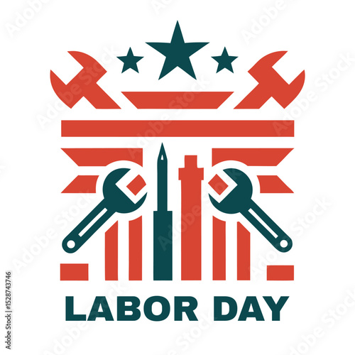 Modern Labor Day vector emblem with stars, flag, and tools in symmetrical design. American workers tribute icon with patriotic red, white, and blue theme.