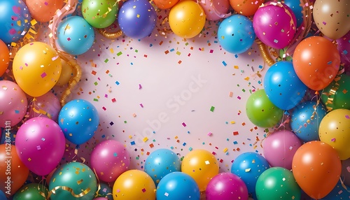 Vibrant Assortment of Colorful Balloons and Confetti Creating a Festive Border with Copy Space in the Center – Ideal for Birthday Invitations, Celebrations, and Party Backgrounds