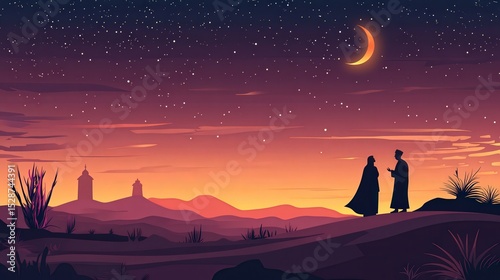 Serene Desert Sunset with Silhouetted Figures and Starry Sky