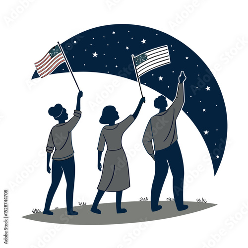 Silhouetted People Waving Flags at Night – Patriotic Crowd Scene Celebrating American Freedom, Unity, and National Holidays like 4th of July or Memorial Day