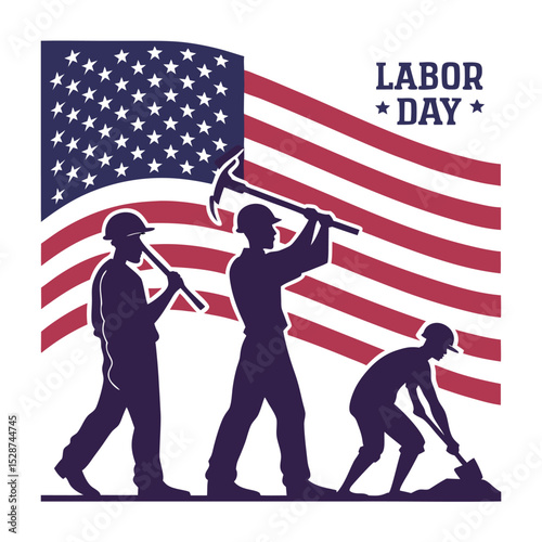 Labor Day Workers Holding American Flag – USA Tribute to Labor Force, Industry, and Blue-Collar Professions in Patriotic Red White and Blue Vector Design