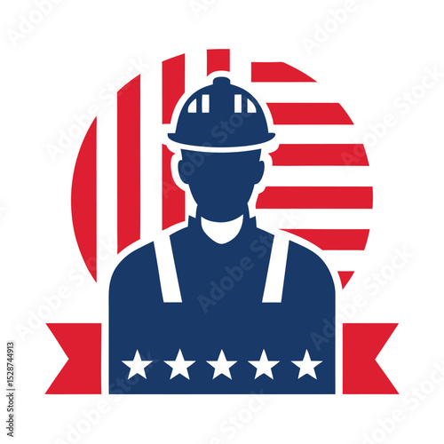 American Construction Worker Icon with USA Flag – Labor Day Tribute Design Honoring Skilled Trades and Workforce for National Celebration and Employment Themes