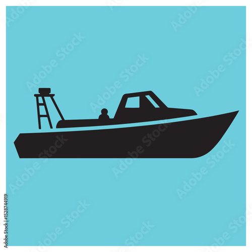 Black silhouette of a motorboat with fishing equipment against a light blue background