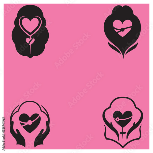 Elegant black and pink graphic designs showcasing love and care with heart shapes and symbols