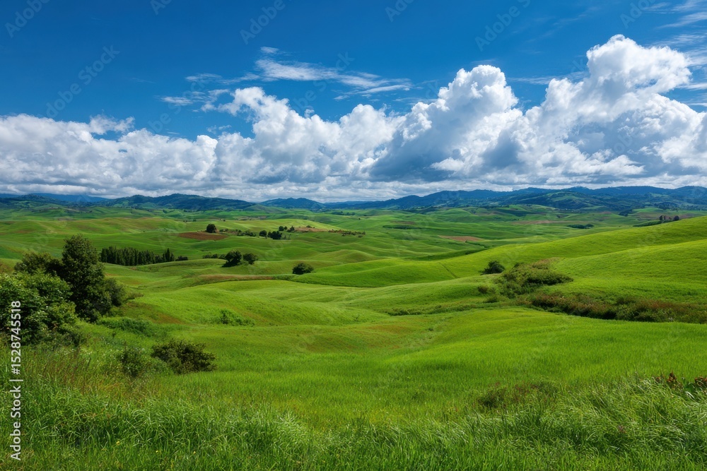 Obraz premium Rolling green hills under a summer sky