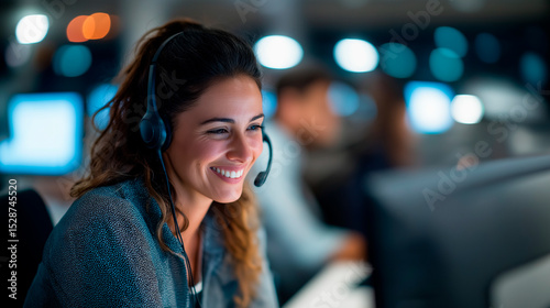 Cheerful call center agent assisting with flight bookings on computer