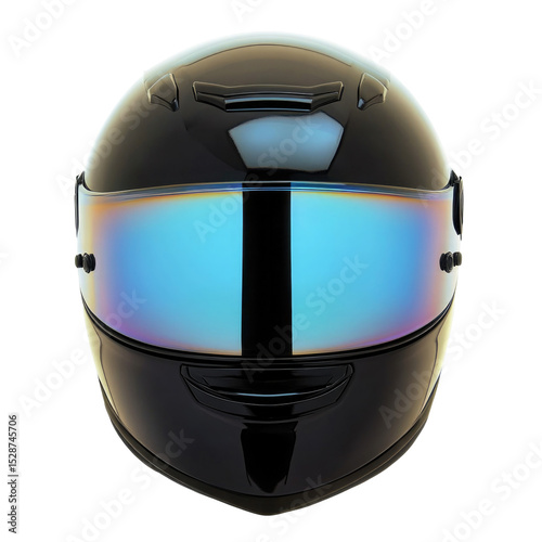 Black motorcycle helmet with iridescent visor for safety and style