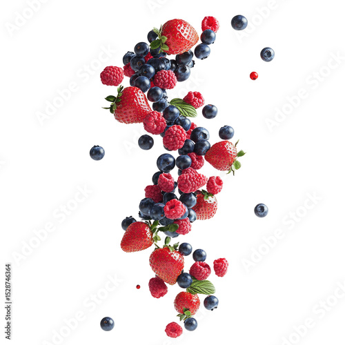 Stock photo of fresh mixed berries strawberries raspberries blueberries on black background