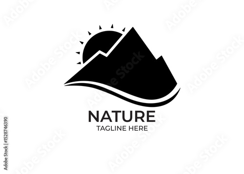 Adventure mountains and sun logo icon design. Editable, black and white vector