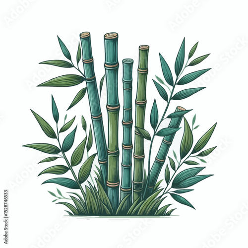 Green bamboo stalks and leaves create a tranquil, natural pattern, embodying the serene essence of an Asian forest design